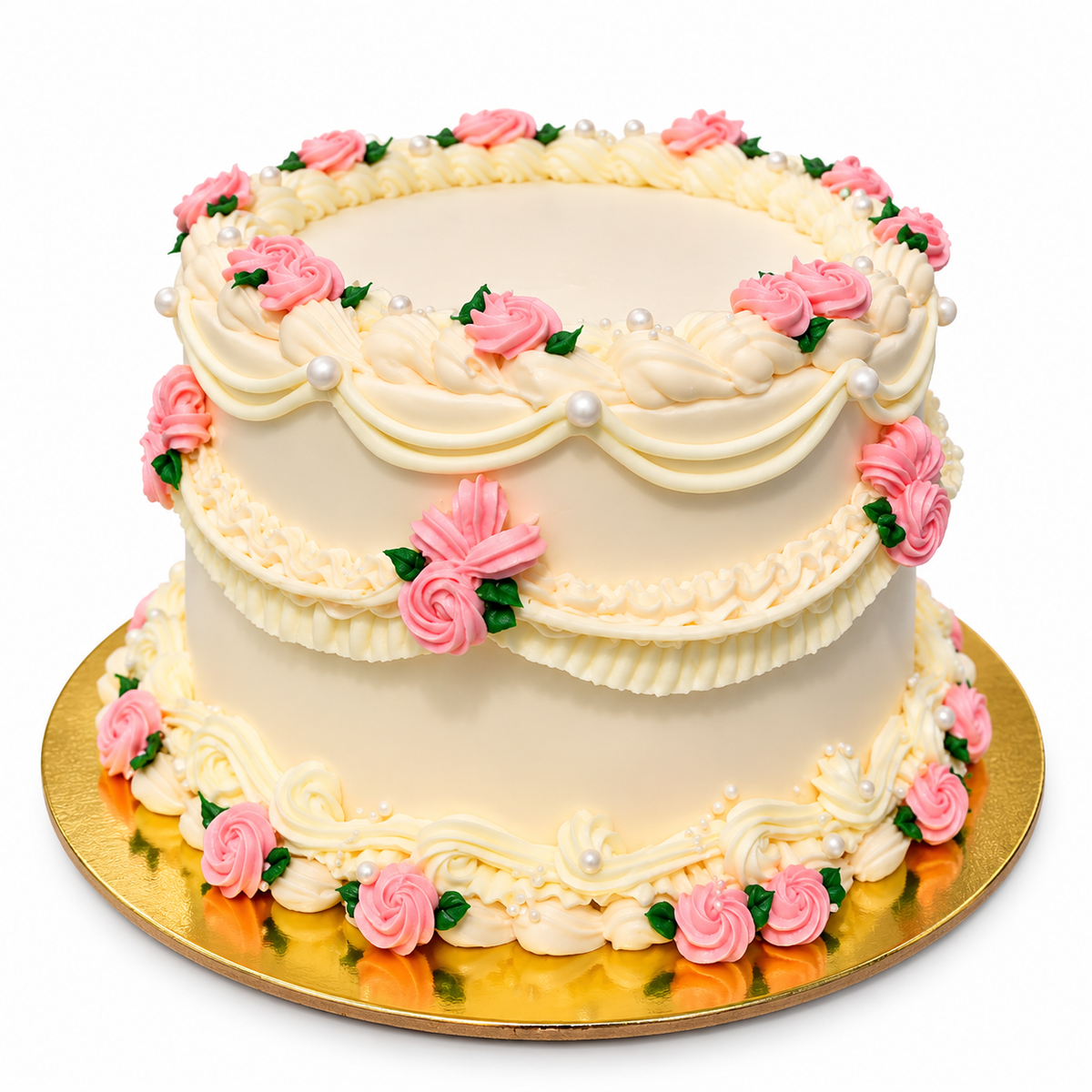 Elegant Ivory Tiered Cake with Pink Roses